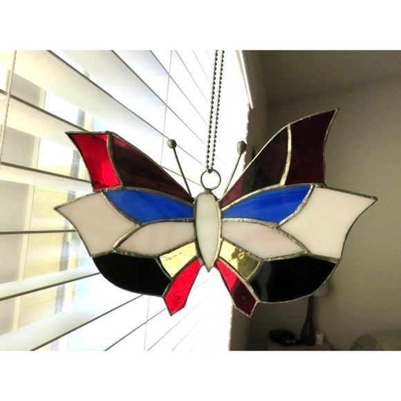 Vintage Stained Glass Butterfly Hand-Crafted Sun Catcher Red Blue White - Picture 8 of 12
